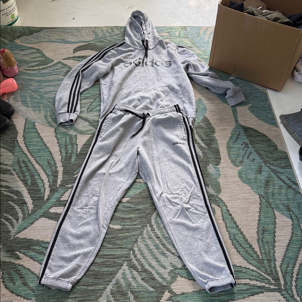 Adidas Light Gray Hoodie Set with Black Accents